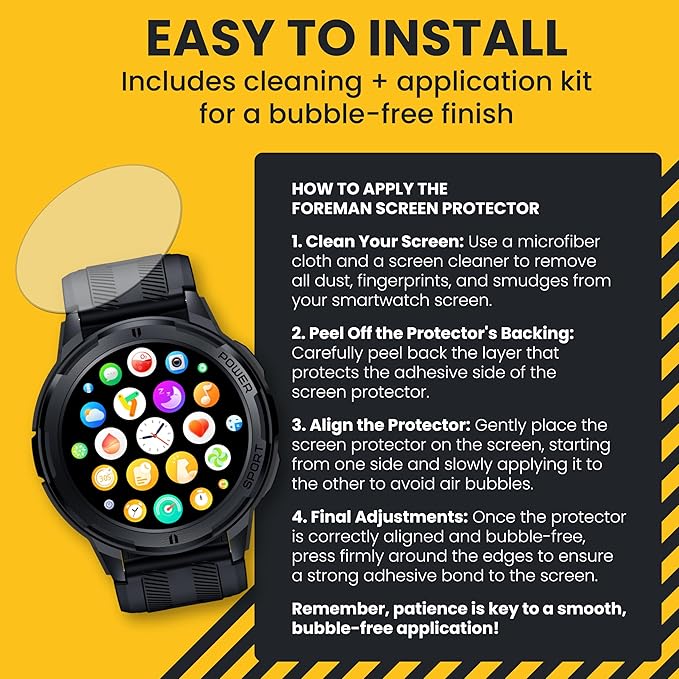 Hard Hat Smartwatch Screen Protector, Scratch Resistant, Impact Absorbing, Ultra-Clear, Touch Responsive, Easy Install, Fits Hard Hat Foreman Smart Watch for Men