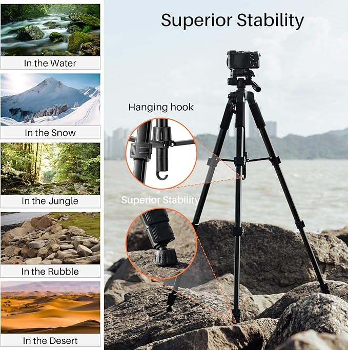 74'' Camera Tripod, Fotopro Lightweight Aluminum Travel Tripod for DSLR Camera and Phone with Detachable 3-Way Pan-Tilt Head Carry Bag and Mount Phone Stand for Video Recording Live Streaming
