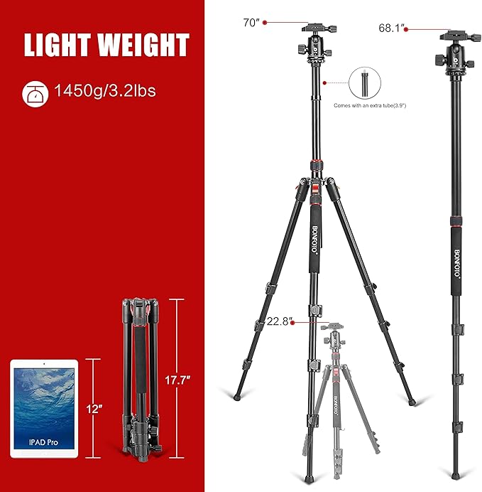 70 Inch Tripod for Camera,Stable Aluminum Travel Tripod, Photography Tripod with 360 Degree Ball Head and Carry Bag, Camera Stand for Ring Light & Canon Nikon Sony DSLR