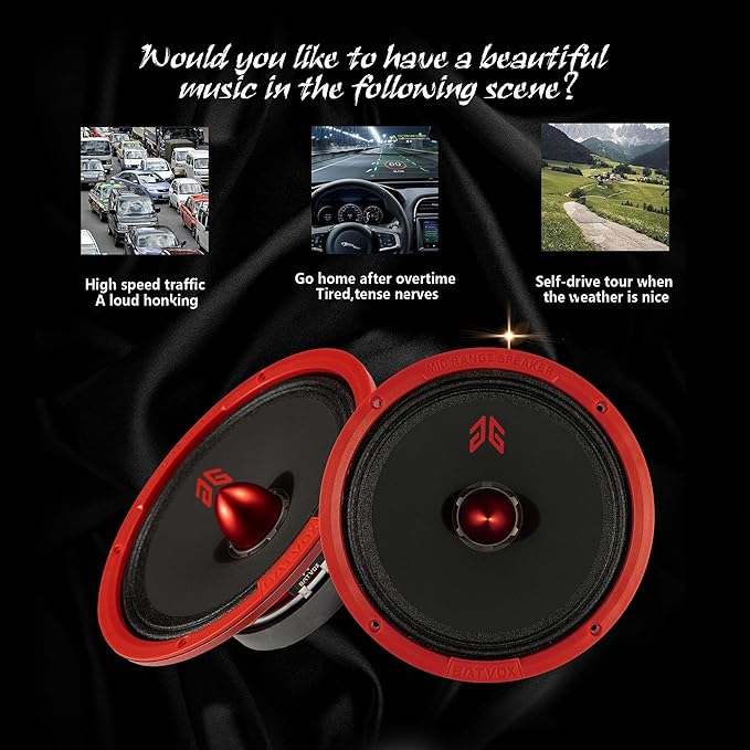 MX80E1 Midrange Loudspeaker 8" Red Bullet, 560W Max, 6 Ohms, Premium Quality Audio Door Speakers for Car or Truck Stereo Sound System, Red (2 Speaker)