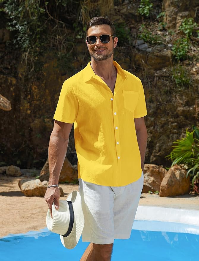 Vssjavun Mens Short Sleeve Button Down Shirts Casual Cotton Shirt Summer Beach Tops with Pocket