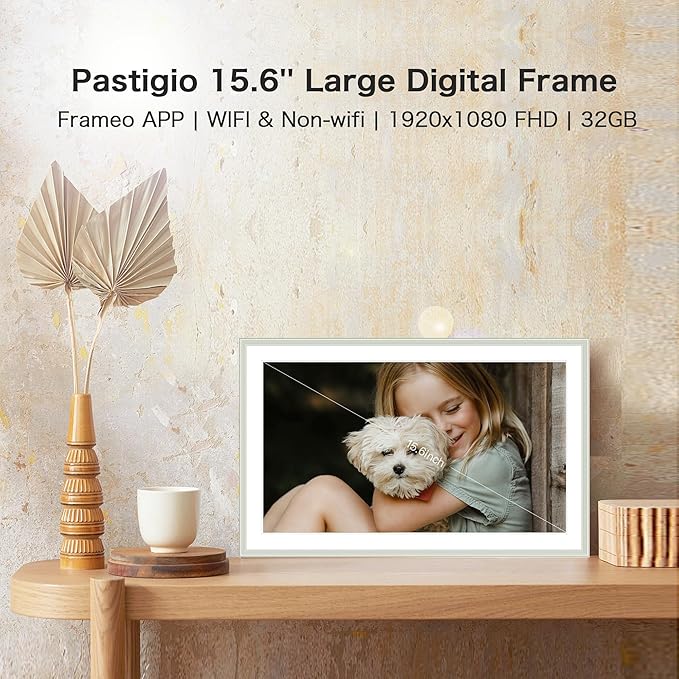 Digital Picture Frame, 15.6 Inch Frameo Digital Frame WiFi, 1920*1080 IPS FHD Touchscreen, 32GB, Tabletop&Wall-Mounted, Share Picture Video, Electronic Photo Frame Slideshow, Gifts for Mom, White Clay