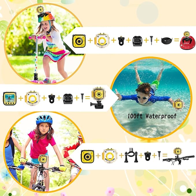 PROGRACE Kids Waterproof Camera - 3 4 5 6 7 8 9 10 Year Old Girl Birthday 1080P HD Underwater Video Camera for Kids Pool Toys Toddler Digital Cameras with 32GB Card Yellow