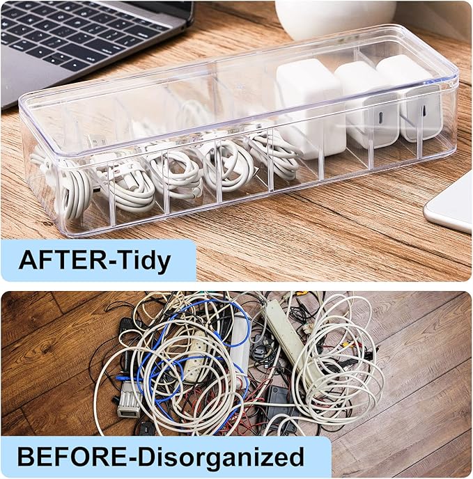 Tatuo 2 Pcs Cable Organizer Box with Wire Ties, Plastic Cord Storage Box with Lid, Electronics Organizer for Home Office Desk Organizers and Accessories (10.79'' X 3.78'' X 1.97'',Clear)