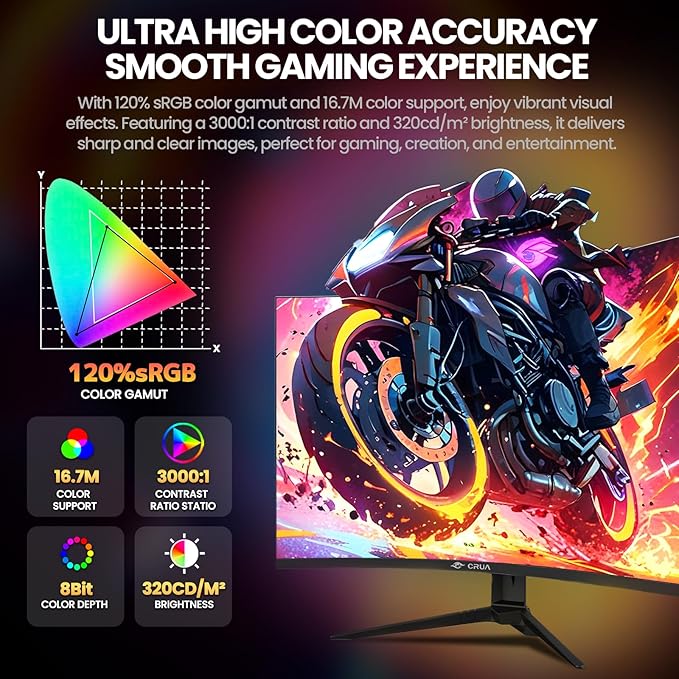 CRUA 27'' Curved Gaming Monitor 260Hz/240Hz, QHD 1440P 1800R VA Panel Computer Monitor with Built-in Speakers, Support AMD FreeSync, 120% sRGB, Blue Light Filter, HDMI2.0 & DP1.4, Wall Mountable-Black