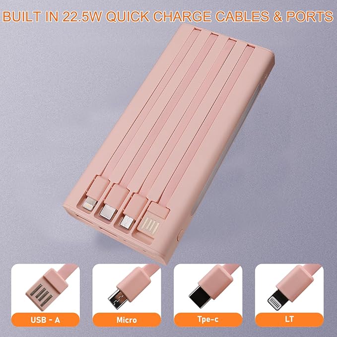Portable Charger with Built in Cables,10000mAh Power Bank with LED Lamp Fast Charging 3.0 USB C External Battery Pack Phone Charger with LED Display for iPhone, Samsung and Cell Phones (Pink)