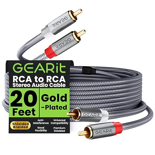GEARit RCA Cable (20FT) 2RCA Male to 2RCA Male Stereo Audio Cables Shielded Braided RCA Stereo Cable for Home Theater, HDTV, Amplifiers, Hi-Fi Systems, Car Audio, Speakers, 20 Feet