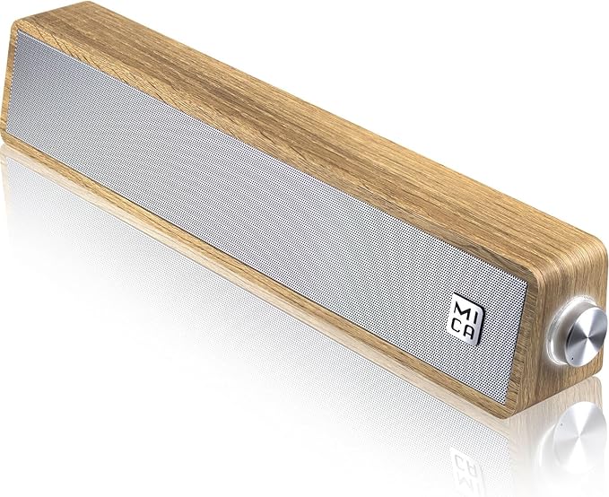 MICA Computer Speakers, Wired Computer Sound Bar, Wooden Mini Soundbar, USB Powered PC Speakers for Desktop Monitor, Laptop, Tablet, 3.5mm Aux Connection, Angled (Yellow)