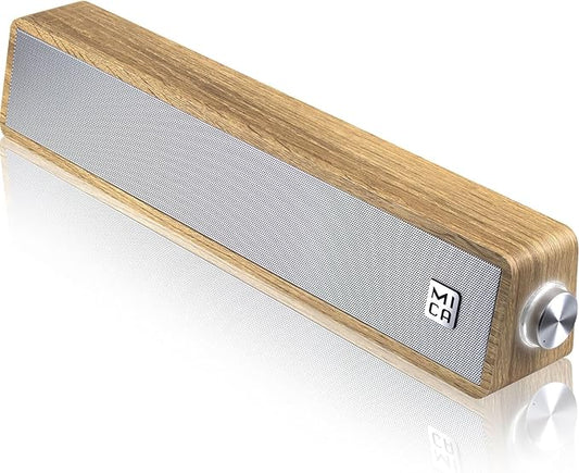 MICA Computer Speakers, Wired Computer Sound Bar, Wooden Mini Soundbar, USB Powered PC Speakers for Desktop Monitor, Laptop, Tablet, 3.5mm Aux Connection, Angled (Yellow)
