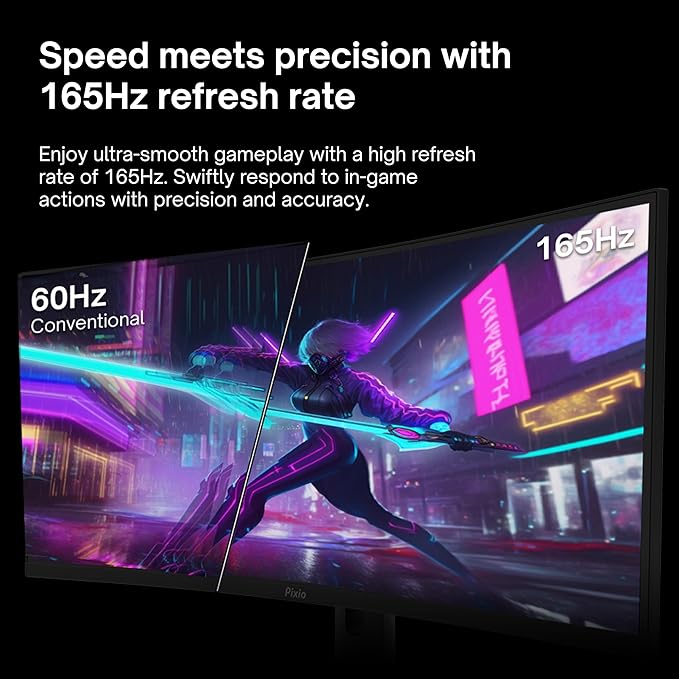 Pixio PXC325 32 inch 165Hz Refresh Rate FHD 1080p Resolution 1500R Curved VA Panel 1ms MPRT Response Time Adaptive Sync HDR Tilting Stand Gaming Monitor