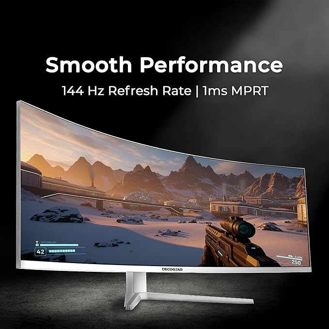 Deco Gear 49" Curved Ultrawide Gaming Monitor | 32:9 | 3840x1080 | 144Hz | 3000:1 | E-LED | 2 HDMI | 2 Display Port - Exclusive White Edition