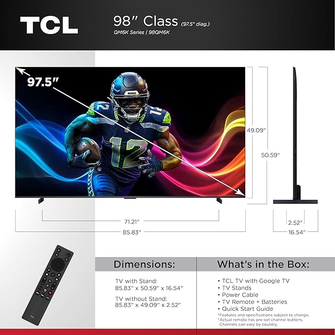 TCL 98-Inch Class QM6K Series QD-Mini LED 4K UHD Google Smart TV Best Value Mini-LED TV - QLED, 144hz, 288hz Gaming Rate, High Contrast Screen, Onkyo Audio, Dolby Atmos (98QM6K, 2025 Model)
