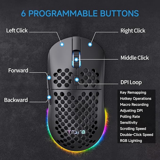 TMKB Falcon M1 Wireless Gaming Mouse, 24000DPI Optical Sensor, 180Hrs Battery, Lightweight, 6 Programmable Buttons, RGB Strip, 2.4G/BT5.2/USB-C Wired for PC/Mac/Laptop - Matte Black