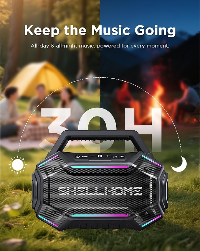 Bluetooth Outdoor Speakers, 80W(Peak) Loud Wireless Speaker, 30H Playtime, RGB Lights, BassUp 2.0, IPX6 Waterproof, TWS, Bluetooth 6.0, Portable Boombox for Party, Pool, Beach (Yellow)