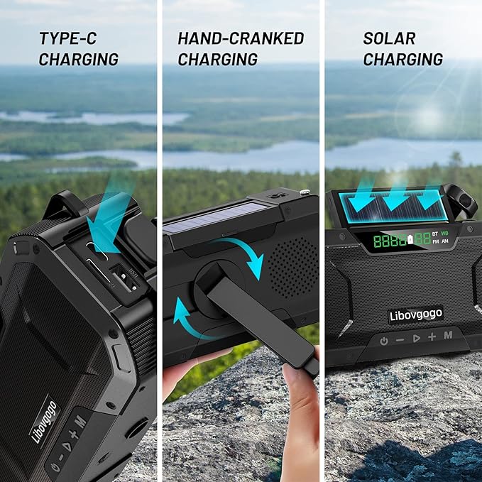 Emergency Radio Waterproof Bluetooth Speaker,Portable Digital AM FM Radio with Flashlight,Reading Lamp,Hand Crank NOAA Weather Radio with Solar Panel,5000mAH Cell Phone Charger,Emergency Survival Kit