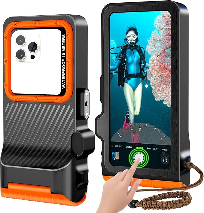 2025 Upgrade Waterproof Phone Case, Diving Snorkeling Swimming Scuba Underwater Touch Screen Photo Video Housing Cover for 17/16/15/14/13/12/11 Pro Max/XS Samsung Galaxy S25/S24/S23/S22 (Black Orange)