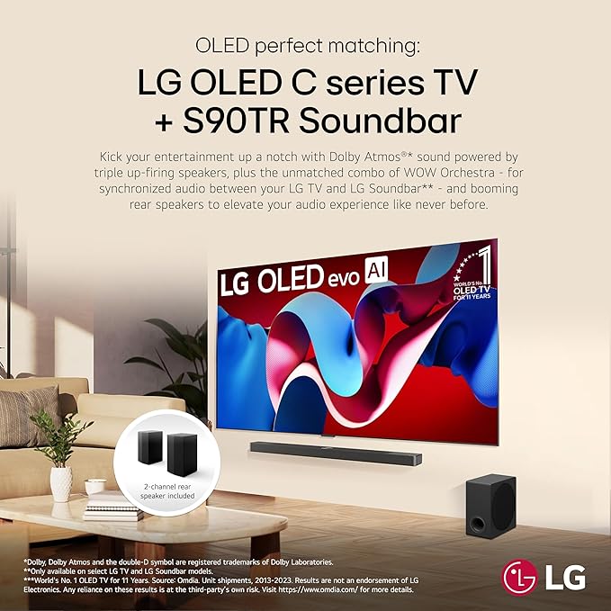 LG S90TR 7.1.3-Channel OLED evo TV Matching Home Theater Soundbar with Rear Surround Speakers and Wireless Subwoofer, Wow Orchestra, Dolby Atmos, WOWCAST Built-in (2024 Model)