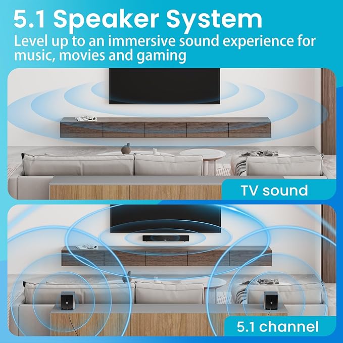 Acoustic Audio 5.1 Surround Sound Home Theater Sound Bar with Bluetooth, RCA, Optical, ARC, AUX, Wireless Subwoofer and Remote Control - AA5190 (Black)