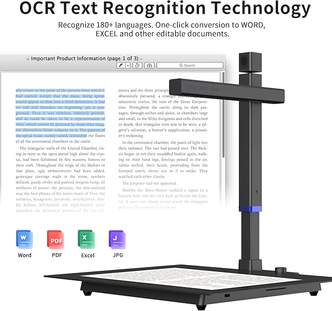 CZUR Shine Surface Pro Professional Document Scanner, 16MP Document Camera + 2MP Webcam+ Working Surface, A3 Book Scanner for Computer/Laptop, 180+ Languages OCR, Fast Scan 1s/Page, for PC/Mac