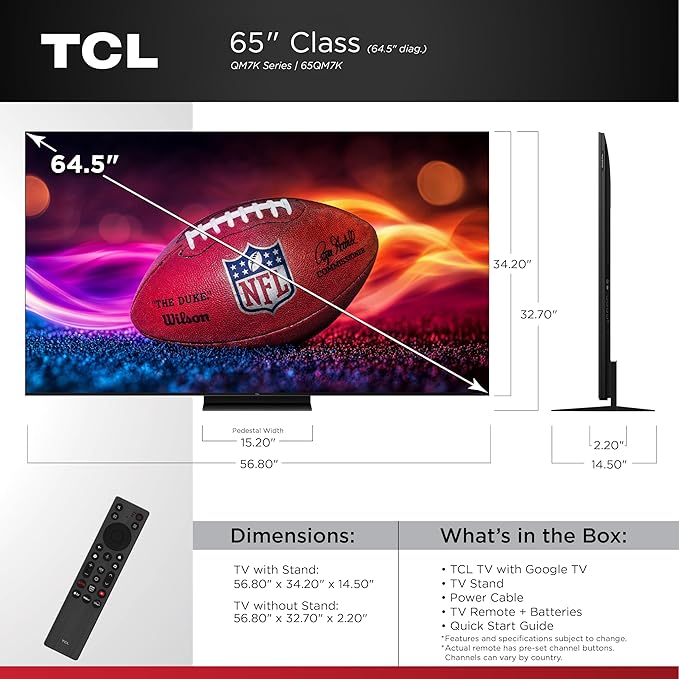 TCL 65-Inch Class QM7K Series QD-Mini LED 4K UHD Google Smart TV Best Premium Mini-LED TV - QLED, 144hz, 288hz Gaming Rate, Anti-Reflective Screen, Bang & Olufsen Audio, Atmos (65QM7K, 2025 Model)
