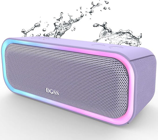 DOSS SoundBox Pro Bluetooth Speaker with 20W Stereo Sound, Active Extra Bass, IPX6 Waterproof, TWS Pairing, Multi-Colors Lights, 20H Playtime, Portable for Beach, Outdoor-Purple