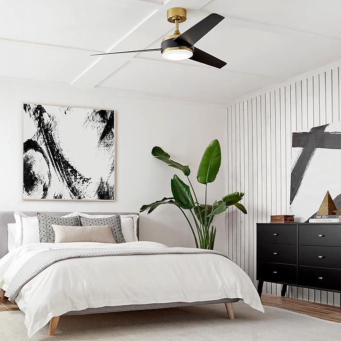 WAC Smart Fans Mod Indoor and Outdoor 3-Blade Smart Home Ceiling Fan 54in Satin Brass Matte Black with 3000K LED Light Kit and Remote Control works with Alexa and iOS or Android App