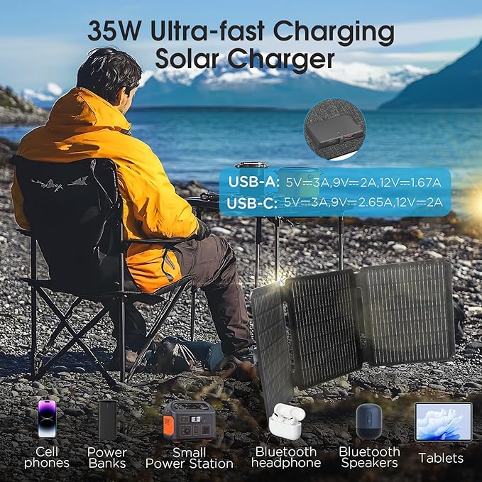 35w Solar Charger Fast Charging Cell Phone Battery Charger Portable Generator for Camping Waterproof Dustproof Battery Pack Charger Portable