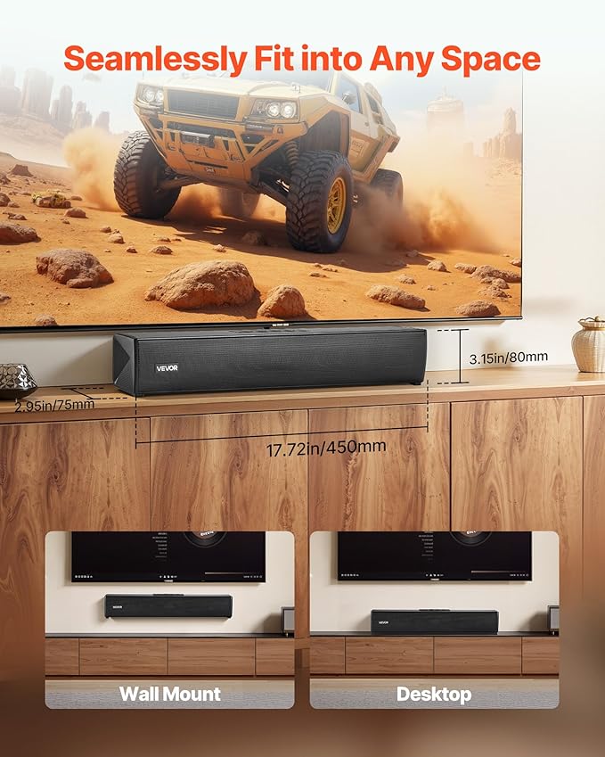 VEVOR Sound Bar for Smart TV, 2.0 Channel, 17-Inch Compact Soundbar TV Speakers for Projector, Bluetooth AUX Connection, Remote Control, Easy Setup, 80W Surround Sound System for PC Home Theater Audio