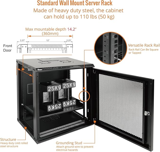 Tecmojo 12U Wall Mount Rack Network Cabinet for 19” IT Equipment,with Lockable Mesh Door and Removable Side Panels,Cooling Fan,Black,17.7inch Deep