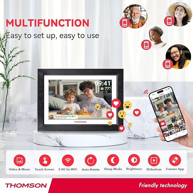 THOMSON Digital Picture Frame, Digital Photo Frame WiFi with 32 GB, HD IPS Touch Screen, Auto-Rotate, Slideshow, Share Photos/Videos from Phone by App (10.1Inch Wood)