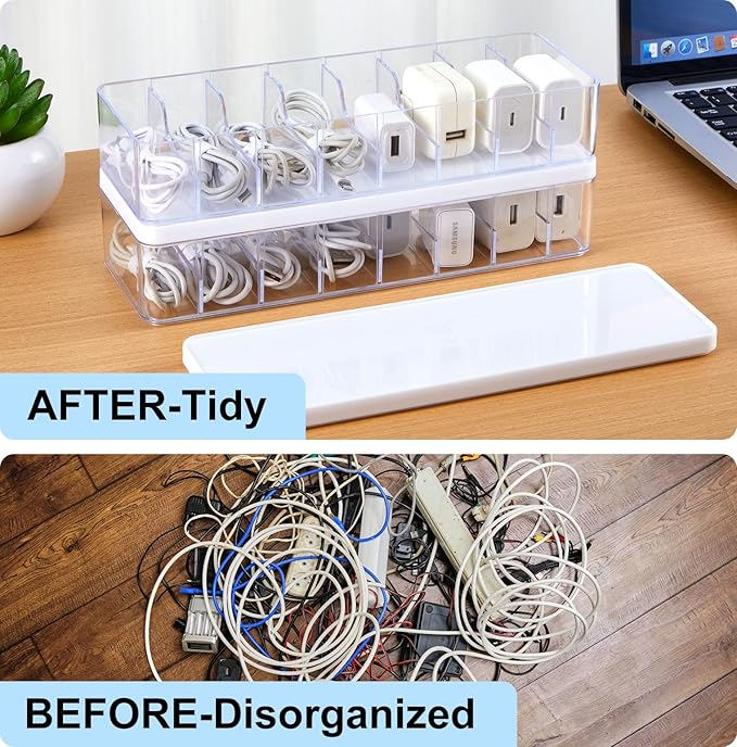 Tatuo 6 Pcs Cable Organizer Box with Wire Ties, Plastic Cord Storage Box with Lid, Electronics Organizer for Home Office Desk Organizers and Accessories (10.79'' X 3.78'' X 1.97'',Clear,White)
