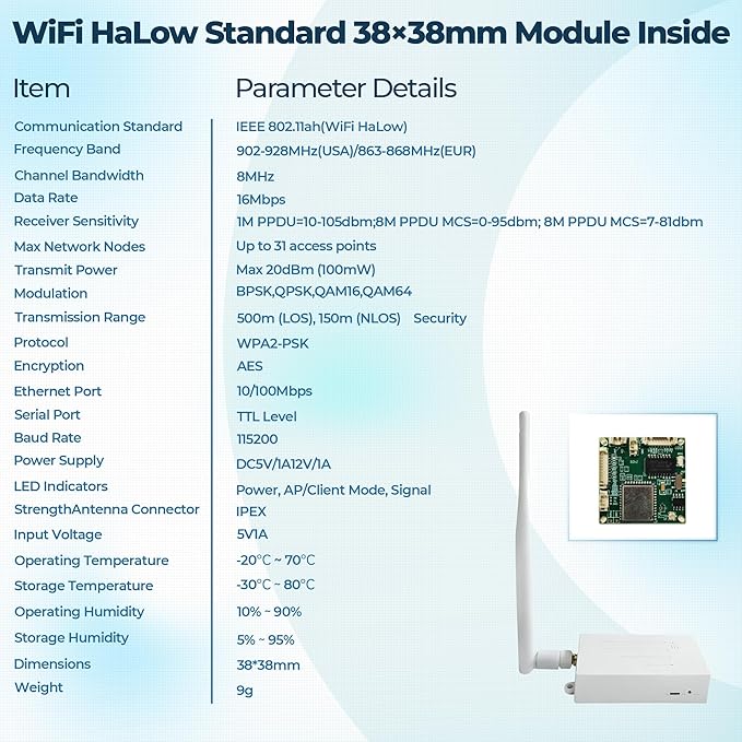 WiFi HaLow IoT Module, WiFi Halo Bridge with 802.11ah, Long-Range Point-to-Point Transmission, Supports Ethernet & Serial Communication, Ideal for Drones, Robotics, Industrial Control & IoT Smart Home