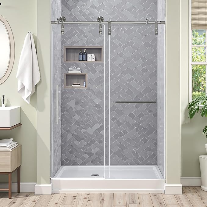 50-54" W x 76" H Frameless Shower Door Bathroom Sliding Shower Door 5/16"(8mm) Thick Tempered Glass Shower Door with Double Stainless Steel Handles for Walk-in Shower, Brushed Silver