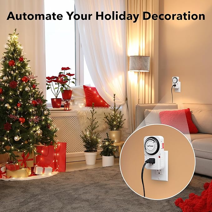 BN-LINK 24 Hour Plug-in Mechanical Timer Grounded for Aquarium, Grow Light, Hydroponics, Indoor Lighting, Home Appliances, ETL Listed 125VAC, 60 Hz, 1875W, 15A, 1/2HP (2 Pack)