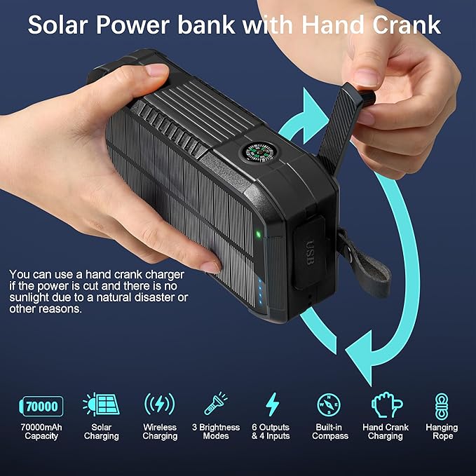 Solar Charger Wireless Power Bank 70000mAh Built in 2 Cables and Hand Crank, Portable Charger 22.5W Fast Charger 6 Outputs & 4 Inputs External Battery Pack with Bright Flashlight and Compass