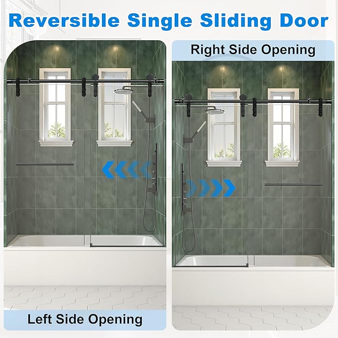 56-60" W x 66" H Tub Shower Door Bathroom Sliding Shower Door 5/16"(8mm) Thick Tempered Glass Shower Door with Double Stainless Steel Handles for Bathtub, Matte Black