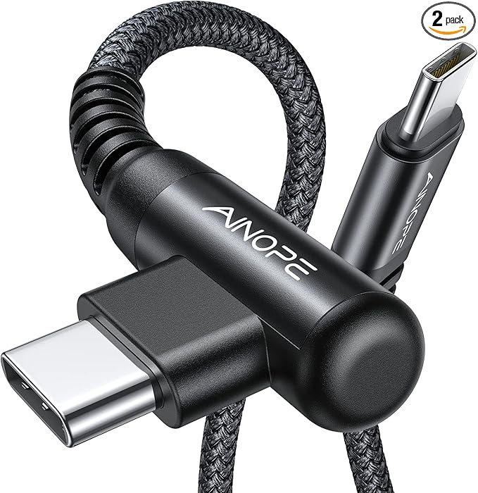 AINOPE USB C Cable 60W 2-Pack 3.3ft Nylon Braided USB C to USB C Cable Type C Charger Fast Charging Right Angle USBC Cable Charger Cord for iPhone 16 Pro Max 15 Plus Samsung S24 S23 iPad Pro Black