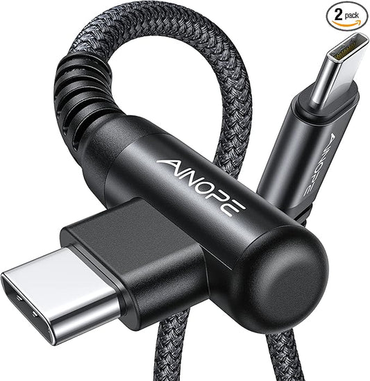 AINOPE USB C Cable 60W 2-Pack 3.3ft Nylon Braided USB C to USB C Cable Type C Charger Fast Charging Right Angle USBC Cable Charger Cord for iPhone 16 Pro Max 15 Plus Samsung S24 S23 iPad Pro Black