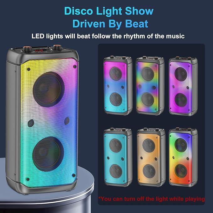 Bluetooth Speaker, 80W Peak Wireless TWS Portable Outdoor Party Speakers with Subwoofer, Deep Bass, LED Colorful Lights, Loud Stereo Sound Boombox with Radio for Home, Camping, Travel