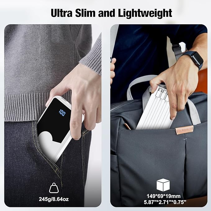 Portable Charger with Built in Cables,High Speed Power Bank 10000mAh Travel Battery Pack 5 Outputs 3 Inputs Portable Phone Charger Backup Battery for iPhone, Samsung, iPad,Tablets (White)