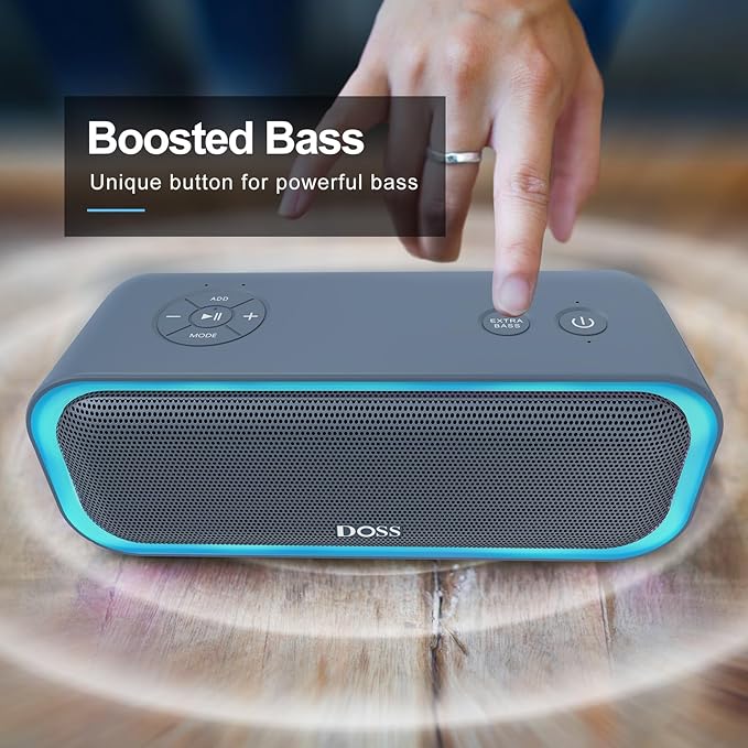 DOSS SoundBox Pro Bluetooth Speaker with 20W Stereo Sound, Active Extra Bass, IPX6 Waterproof, TWS Pairing, Multi-Colors Lights, 20H Playtime, Portable for Beach, Outdoor-Stone Blue