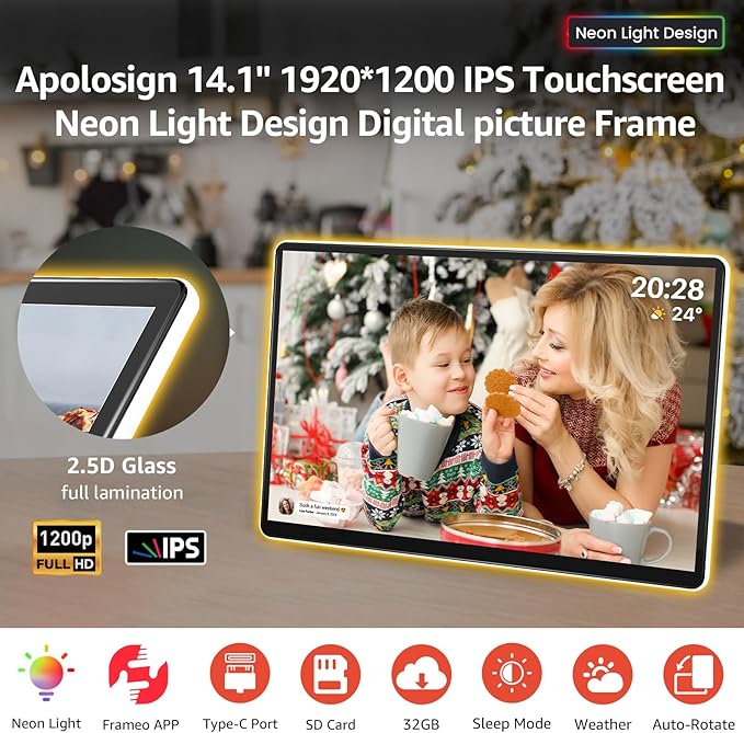 ApoloSign Neon Light Digital Picture Frame - 14" 2K FHD Display | AI Color-Changing LED Strip Digital Photo Frame | Quick Share Photos/Videos, Easy Setup in Frameo App | Best Digital Frame for Gifting