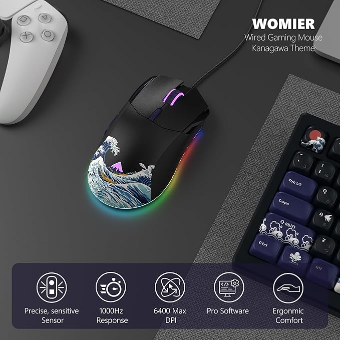 Womier Wired Gaming Mouse,Black RGB Anime Mouse w/Ergonomic Computer 12000DPI/6 Programmable Buttons Programmable Buttons for Laptop PC Mac Windows-G705 V2 Kanagawa