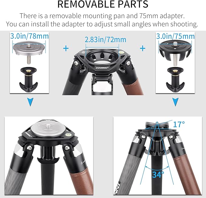 Carbon Fiber Tripod INNOREL ST424C Professional Heavy Duty Camera Stand with 75mm Bowl Adapter 42.4mm Tube, Max Load 92.6lbs/42kg,Max Height 66.9in/170cm for DSLR Camcorder Travel Shooting Bowl Tripod