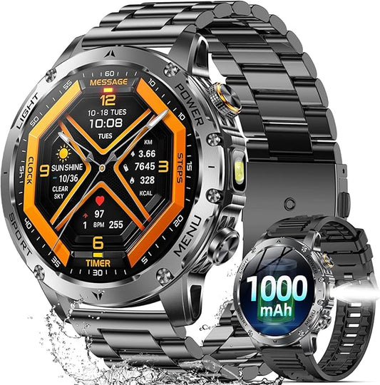 Military Smart Watches for Men, 1.7″ Smartwatch with 1000 mAh Battery/2 Straps/Led Flashlight/Heart Rate/Sleep Monitor 100+ Sport Modes, Answer/Make Calls Fitness Watch for Android/iPhone