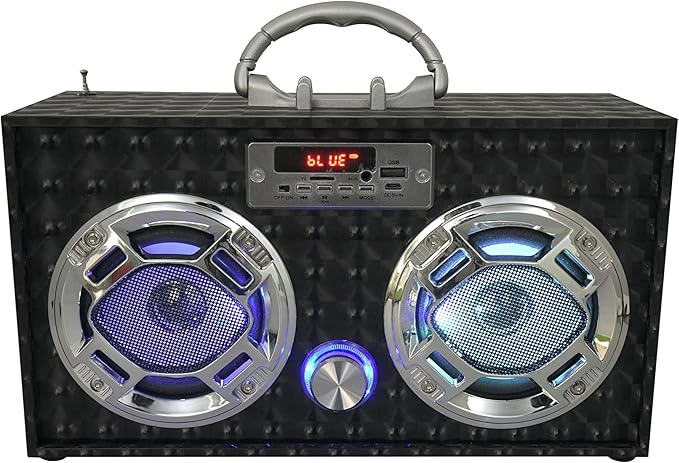 Boombox Speaker with LED Lights – Retro Bluetooth Speaker w/Enhanced FM Radio - Perfect for Home and Outdoor (Black)