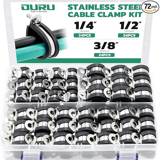 72PCS Stainless Steel Cable Clamp,Rubber Coated Cushioned Insulated Cable Clamps Assortment Kit-Metal Wire Clamps,Cable Clips,Pipe Clamps