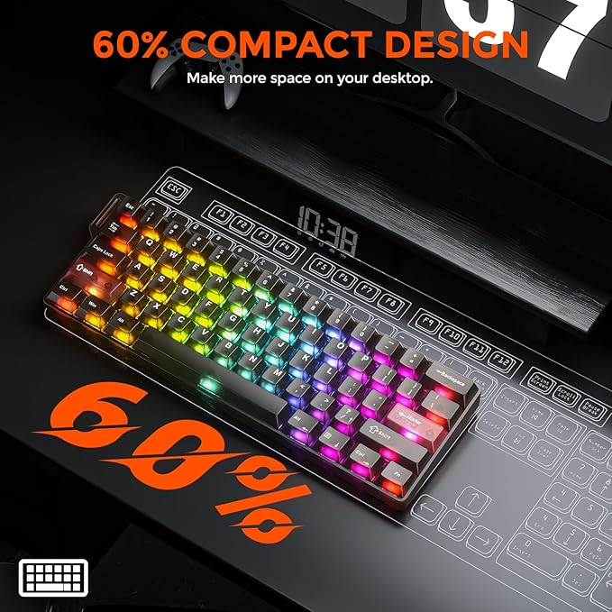 DAREU COOL60 60% Hall Effect Gaming Keyboard with Magnetic Switch, SOCD, 0.01mm Actuation Adjustable Rapid Trigger,8000 Hz Polling, Frosted Transparent Keycaps, Hot-swap, RGB Backlit