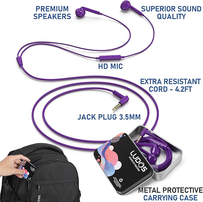 LUDOS FEROX Wired Earbuds in-Ear Headphones, 5 Years Warranty, Earphones with Microphone, Noise Isolation Corded for 3.5mm Jack Ear Buds for iPhone, Samsung, Laptop, Kids, School Students - Purple