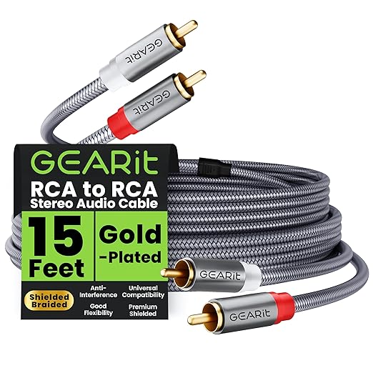 GEARit RCA Cable (15FT) 2RCA Male to 2RCA Male Stereo Audio Cables Shielded Braided RCA Stereo Cable for Home Theater, HDTV, Amplifiers, Hi-Fi Systems, Car Audio, Speakers, 15 Feet